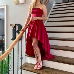 Gorgeous high low wine colored Satin homecoming dress!